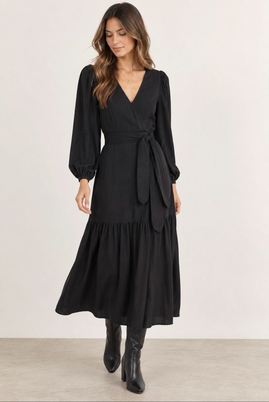 Emerson Fry Marigot Tier Wrap Dress S Black Tencel Midi Puff Sleeve NWT
